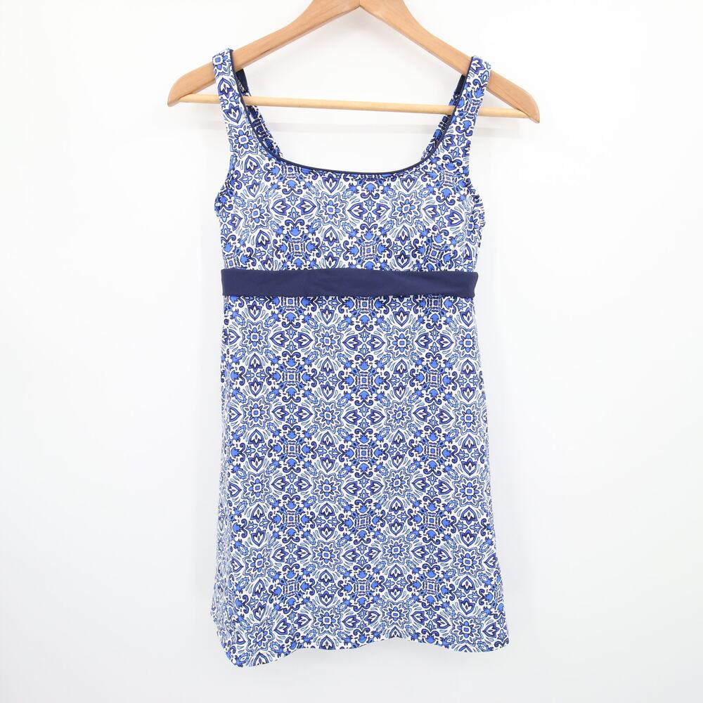 Lands End Swim Dress Blue White Pattern Underwire Scoop Neck Swimsuit Cover Up 4